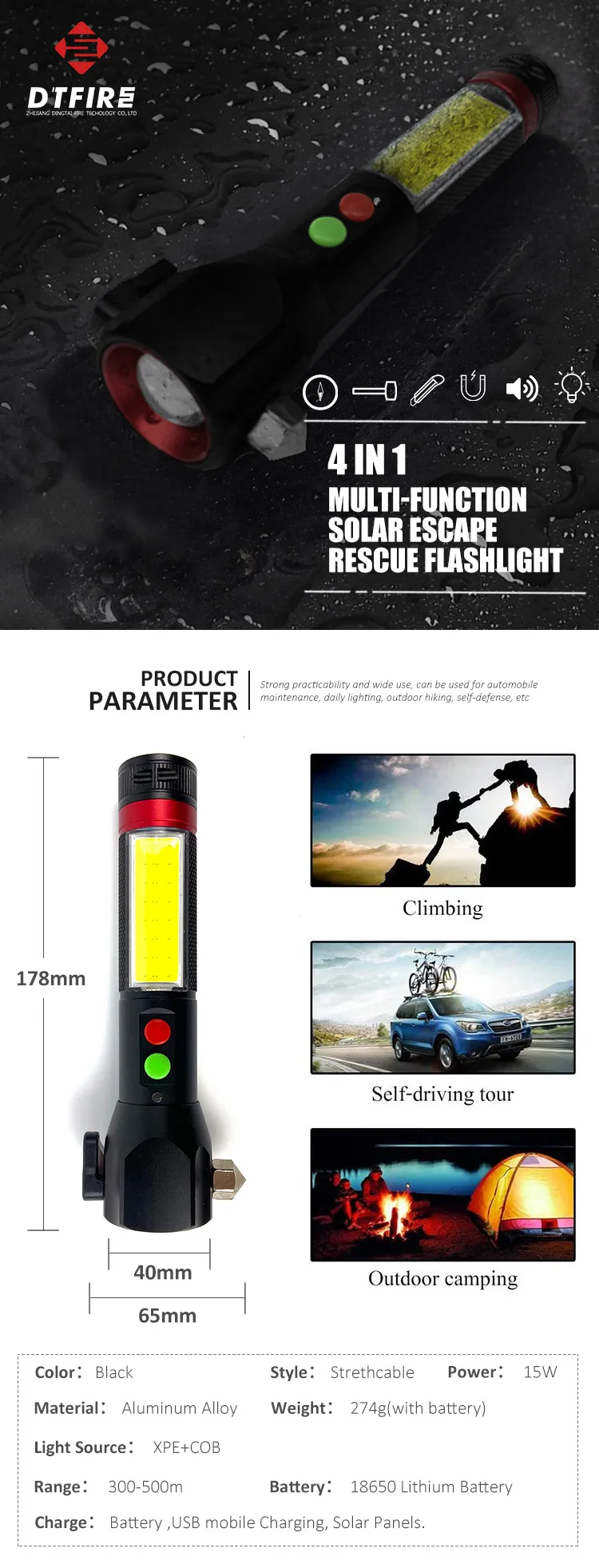 Auto Emergency Flashlight Aluminum Car Escape Tool Flashlight With