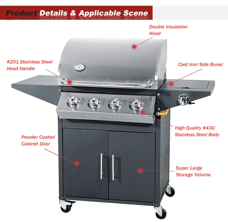 High Efficient Outdoor Gas Barbecue Machine 4 Burners Stainless Steel