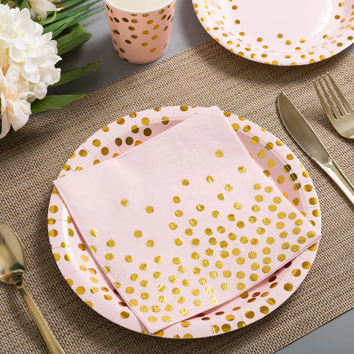 100 Pink Disposable Paper Plate Napkin Sets Party Items Pink Gold Dots ...