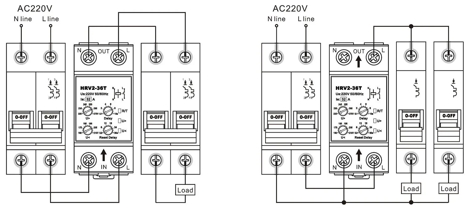 HRV2-36T 40A 220V 230V Adjustable auto recovery reset reconnect Din rail Over Under Voltage Protector protective device