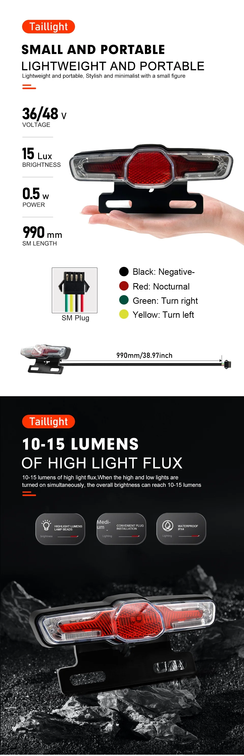 Ip65 Rear Mount Led 36V 48V IP65 Waterproof Plastic 18650 Battery Electric Bike Taillights ...