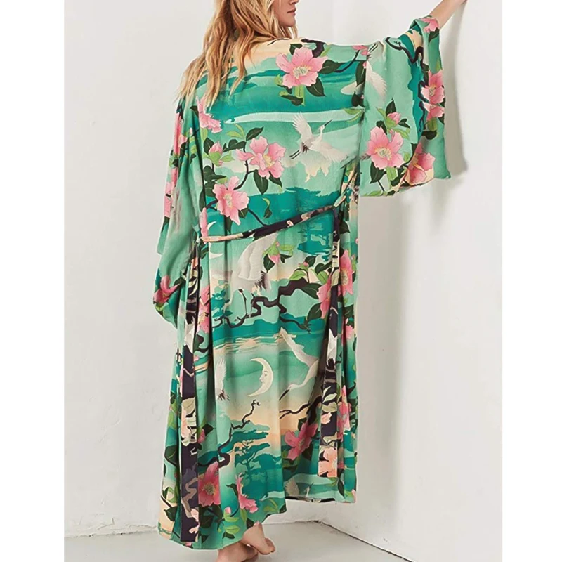 Kimono Swimsuit Coverup Floral Print Short Sleeve Loose Open Front
