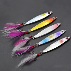 14/21g Fishing Artificial Lure Bait Lead Fish With Feather Jigging Wobbler Metal Plate Claw Hook 3D Eye Fishing Hard Baits