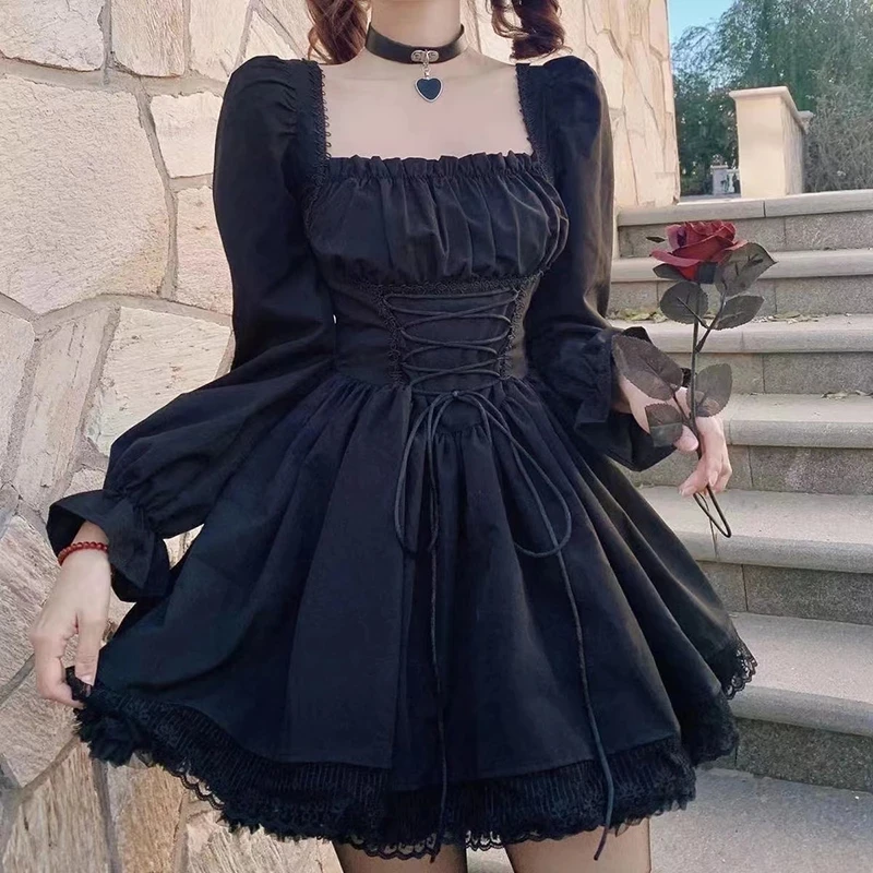 Long Sleeves Lolita Black Dress Goth Aesthetic Puff Sleeve High Waist  Vintage Bandage Lace Trim Party Gothic Clothes Dress Woman