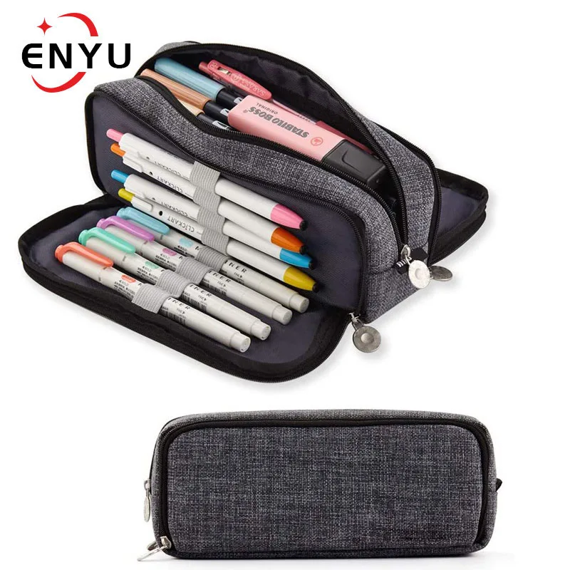 Triple Pocket Pencil Case Zip Large Rectangular Fabric Assorted Colours School 