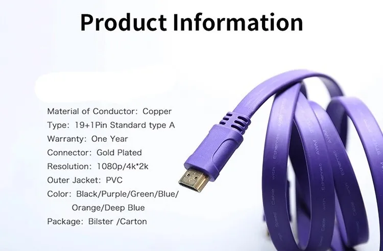 High end 24K gold plated flat design 3D 1080P 4K hdmi cable - ANKUX.COM