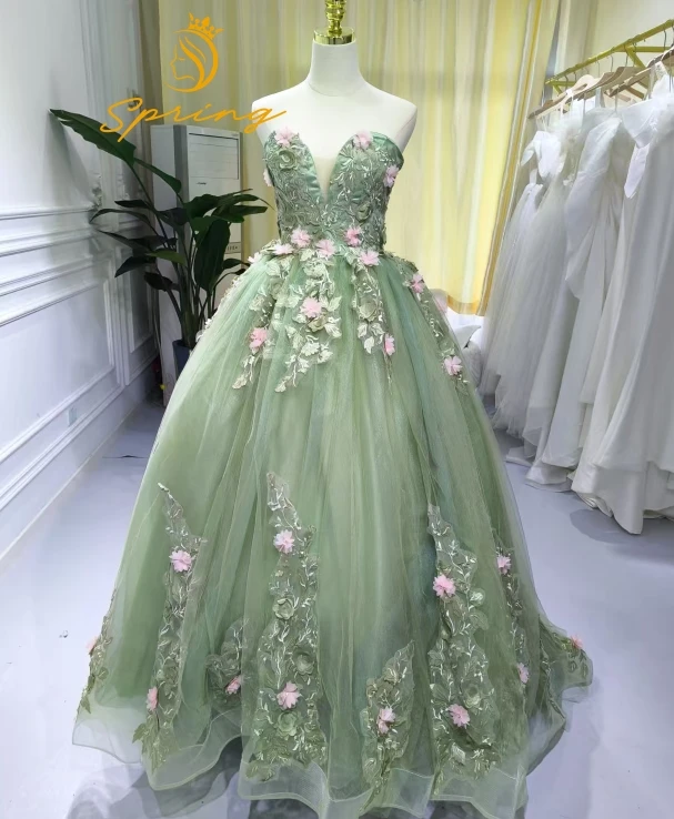 S0224N Olive Green Tube Top Flower Embellished Ball Gown Modern Adult Lace Trim Bridal Wedding Dress S0224N Olive Green Tube Top Flower Embellished Ball Gown Modern Adult Lace Trim Bridal Wedding Dress