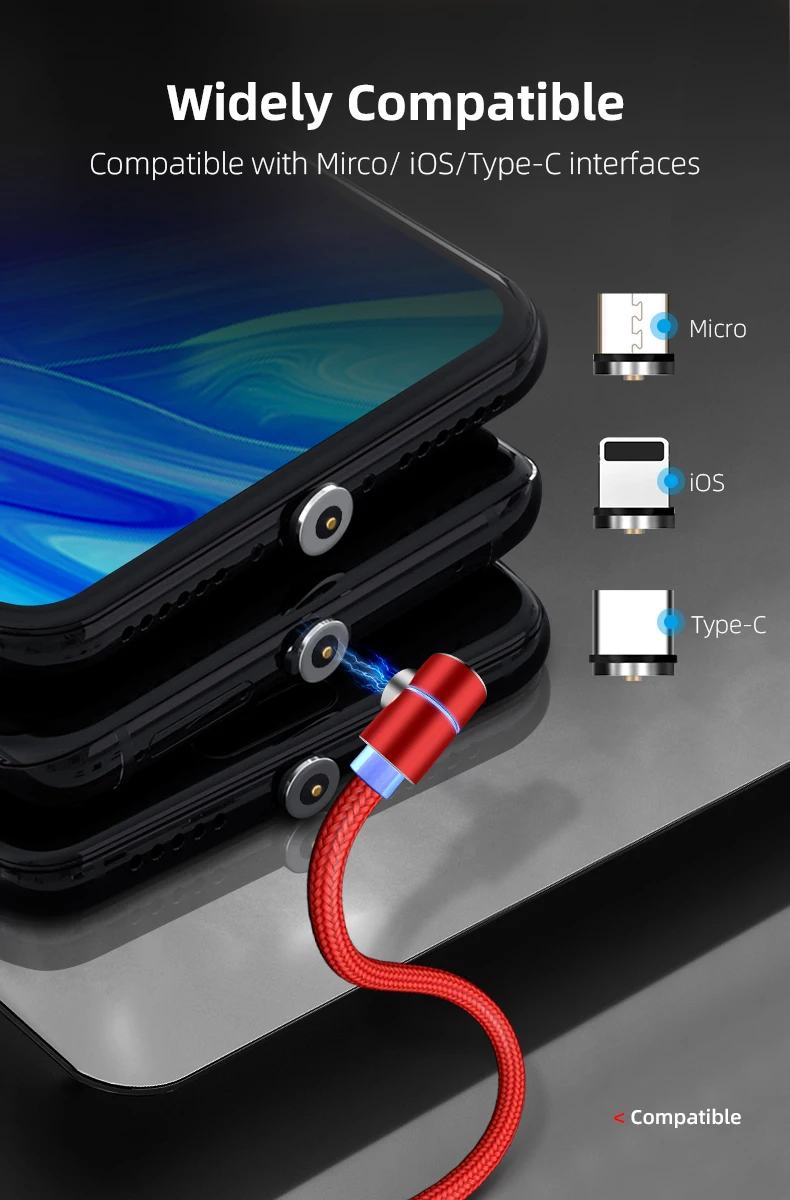 Classic L-shape 360 degree rotation round magnetic cable 1M 2M 3 in 1 connectors with led indicator Type C Micro Iproduct - ANKUX.COM