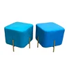 Modern Moroccan Gold Steel Blue Velvet Square Pouf Small Ottoman Bench Stool