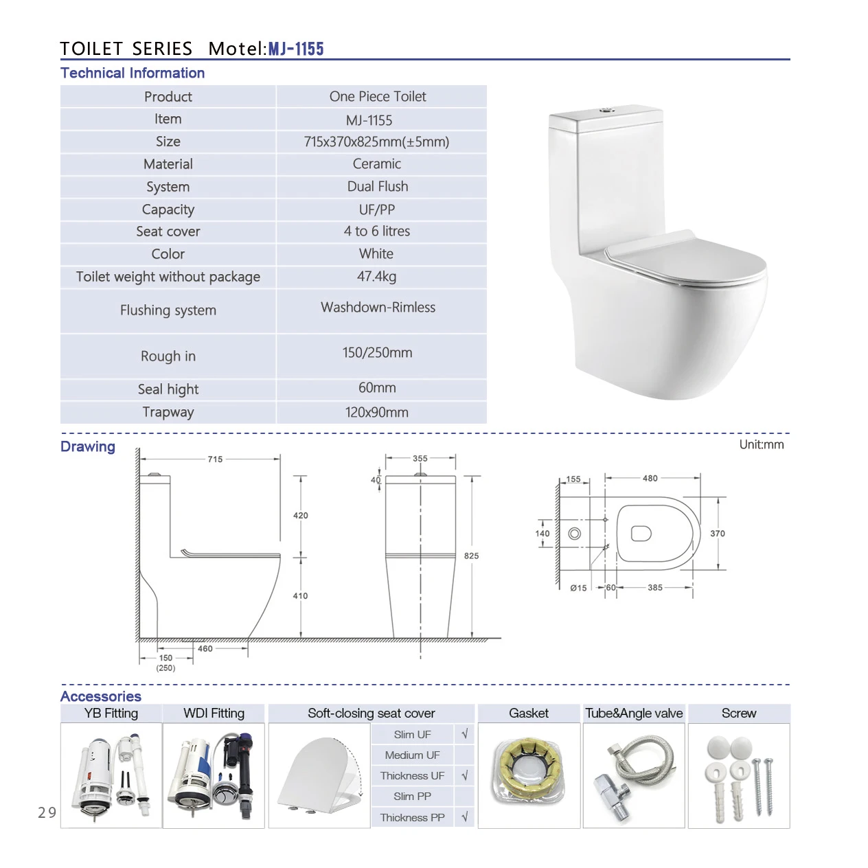 Factory Direct Sale Ceramic Washdown White One Piece Toilet MJ-1155
