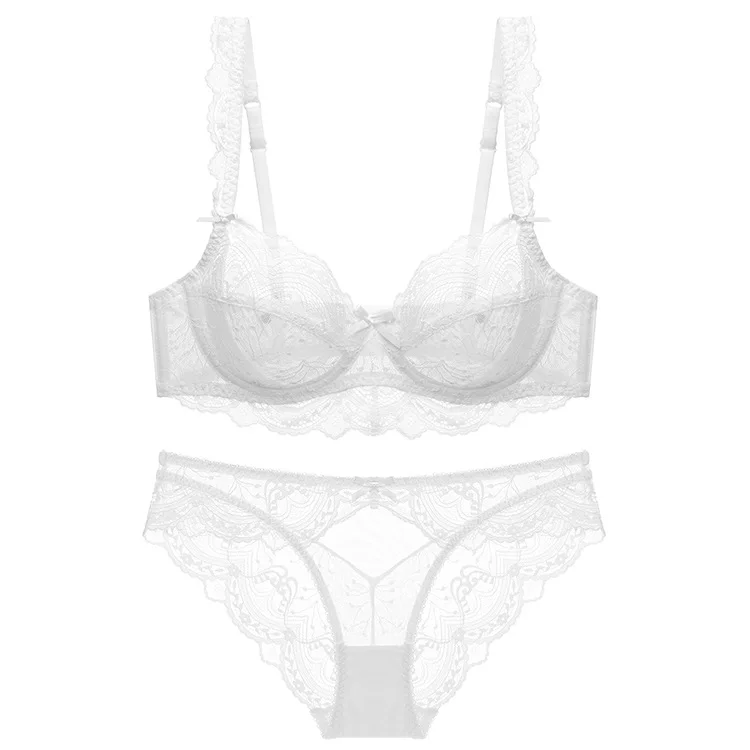 Women's Ultra-Thin Non-Sponge Transparent Lace Bra Set Floral Embroidered Sexy Underwear Large Chest Breathable Plain Dyed Waist