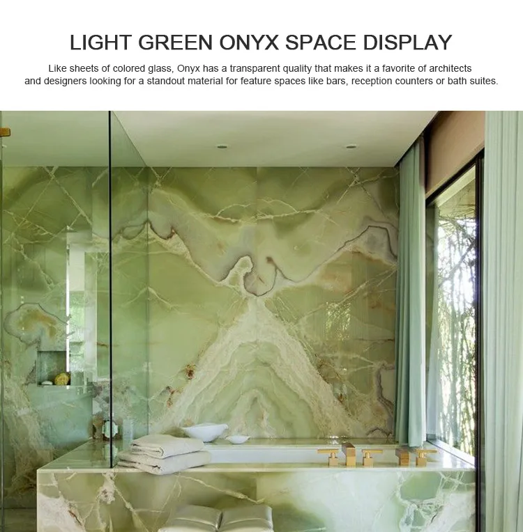 Bathroom interior floor and wall bookmatched polished natural light green onyx tile