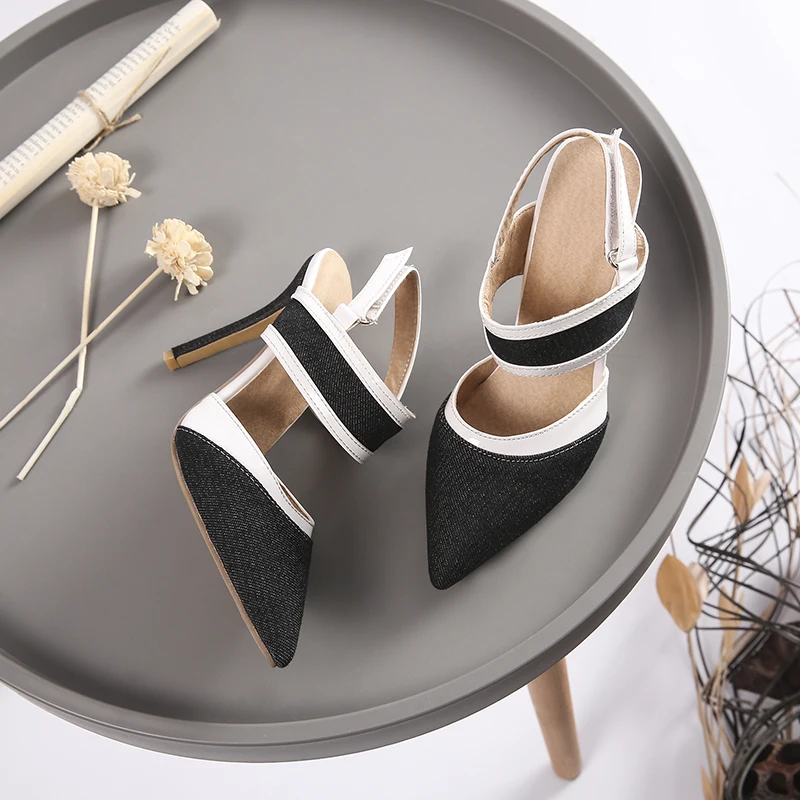 Party Sexy Patchwork High Heels Ladies Sandals Stiletto Thin Heel Pointed Toe Denim Black Blue Shoes