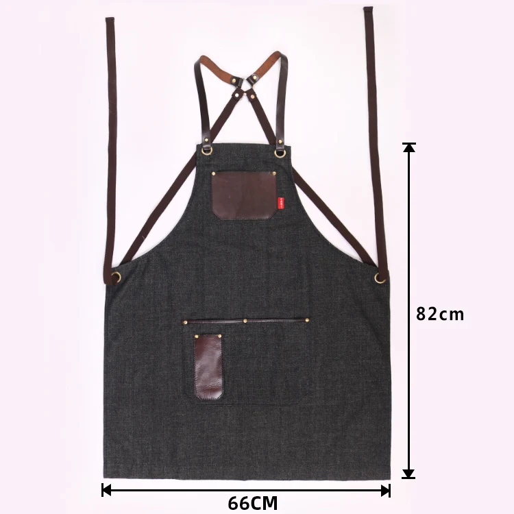 Changrong Custom Black Mens Bartender Uniform Apron Leather Strap Apron Denim Apron With Pockets