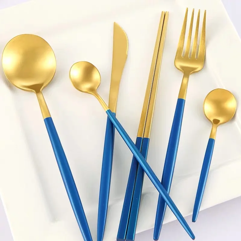 Navy Blue Cutlery Set Stainless Steel Flatware Gold Handles Silverware