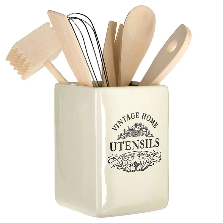 Square Shaped Ceramic Cooking Tools Farmhouse Ceramic Kitchen Utensil Holder With Decal Buy