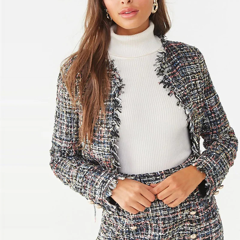 Women Tweed Two-piece Set Light Weight Woven Jacket And Skirt With 