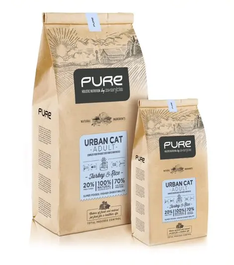 
Dry super premium cat food PURE holistic GMO free with fresh turkey and rice for adults on eco-friendly bag 