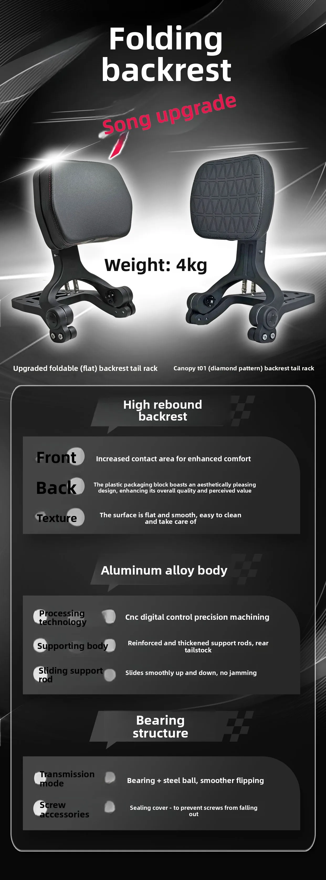 Motorcycle Back Support Motorcycle Backrest Waist Support High-Rebound Foldable Aluminum Alloy ...
