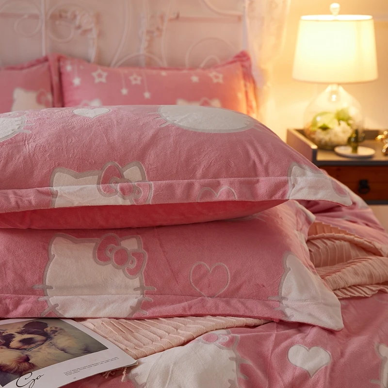 5D carved crystal velvet 4 piece polyester Korean winter cartoon bedding set warm 3d bed sheet set warm printed duvet cover