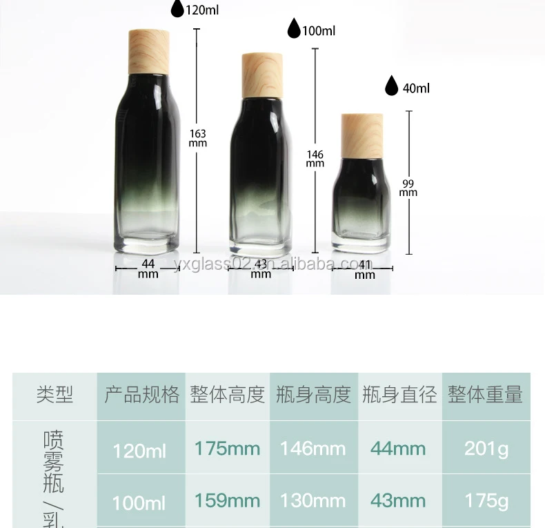 Luxury Cosmetic glass bottle set -- 30g 50g 30ml 50ml 100ml 120ml The gradient of gray square glass  bottle+spray/pump manufacture