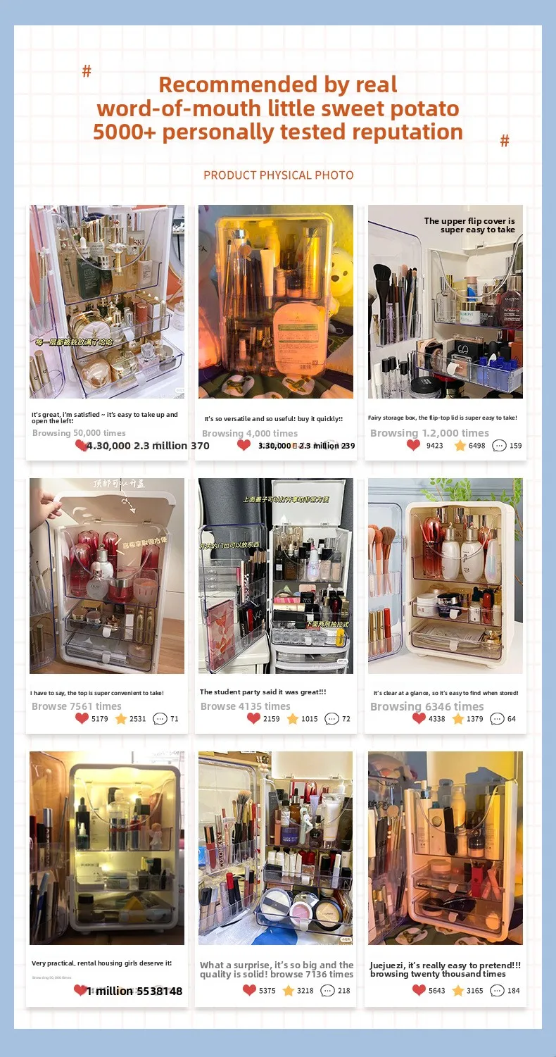 海星大容量桌面化妆品收纳盒防尘塑料家居梳妆台口红护肤收纳器