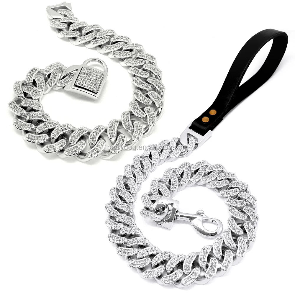 Stainless Steel Chunky Dog Cuban Chain Plated 18k Silver Diamond Pet