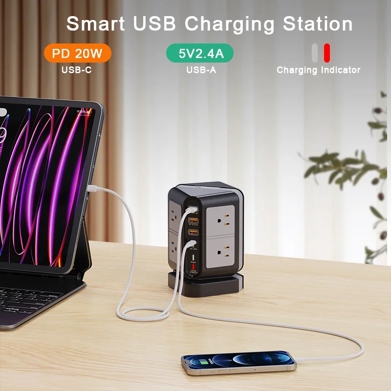 Kdg Smart Tower Power Strip Us Plugs & Sockets Surge Protector Usb ...