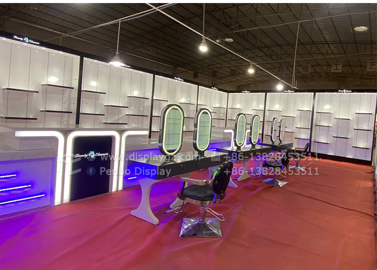 Pop Wig Display Kiosk Barber Shop Furniture Design With Led Lights