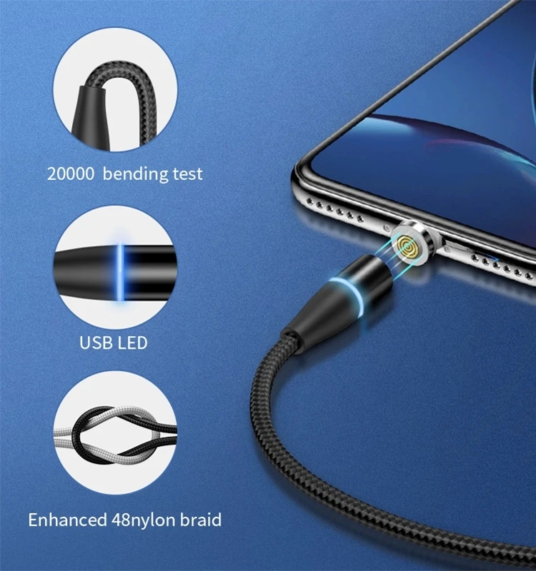 Nylon Braided 360 Degree Round 3A Led Magnetic Cable 3 in 1 Quick Charge Magnet Usb Cord for iPhone Android Type C - ANKUX.COM