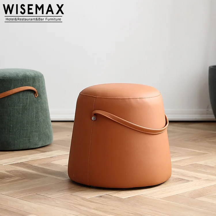 Modern Soft Velvet Round Ottoman Stool With Handle Carry On Living Room