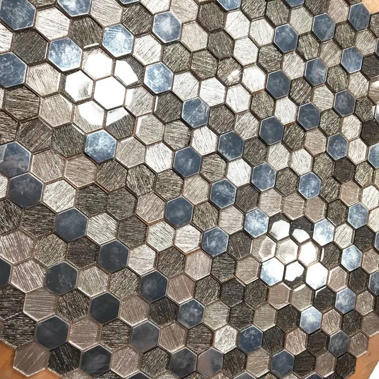 Mosaico de vidrio de diseño hexagonal más vendido, mosaico de vidrio laminado y metálico para pared y cocina Foshan China