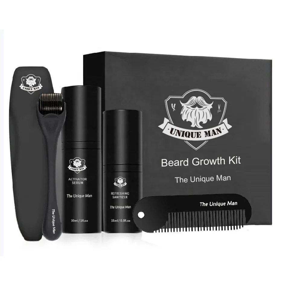 

Amazon hot selling premium beard growth kit with beard roller private label beard care kit, All black or custom color