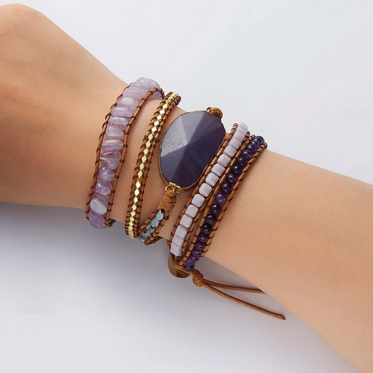 波西米亚吉普赛蓝色紫色可调紫水晶天然石串珠堆叠编织包裹手链为妇女