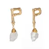 Gold Bamboo Initial P Letter Earrings Handmade Raw Natural White Quartz Dangle Earrings Jewelry