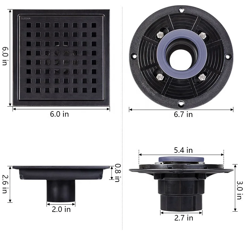 Square Shower Floor Drain With Flange,Quadrato Pattern Grate Removable ...