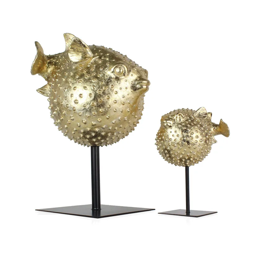 Crafts Puffer Fish Statue Metal Stand Resin Gold Decorations for Home SCULPTURE Artificial Europe manufacture