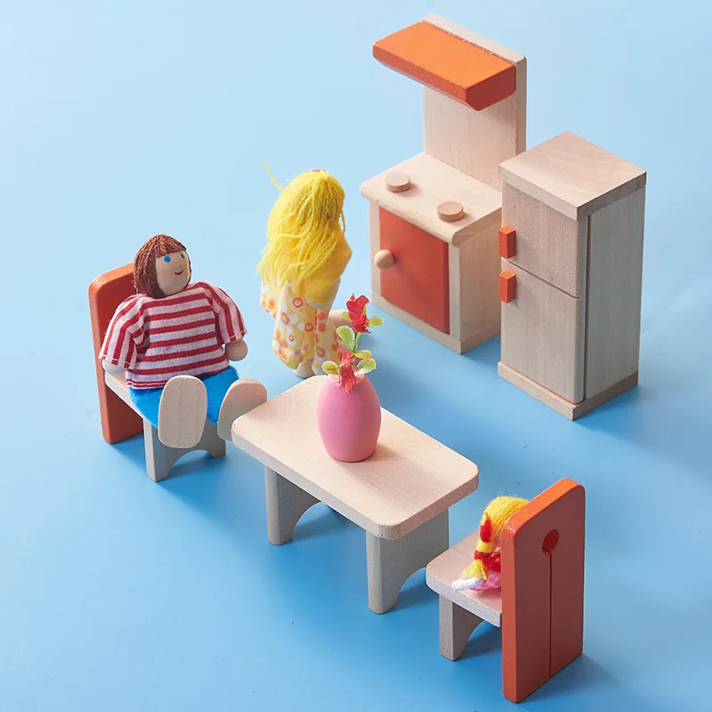 Bathroom Living Room Bedroom Kitchen toys Dollhouse wood dolls for kids