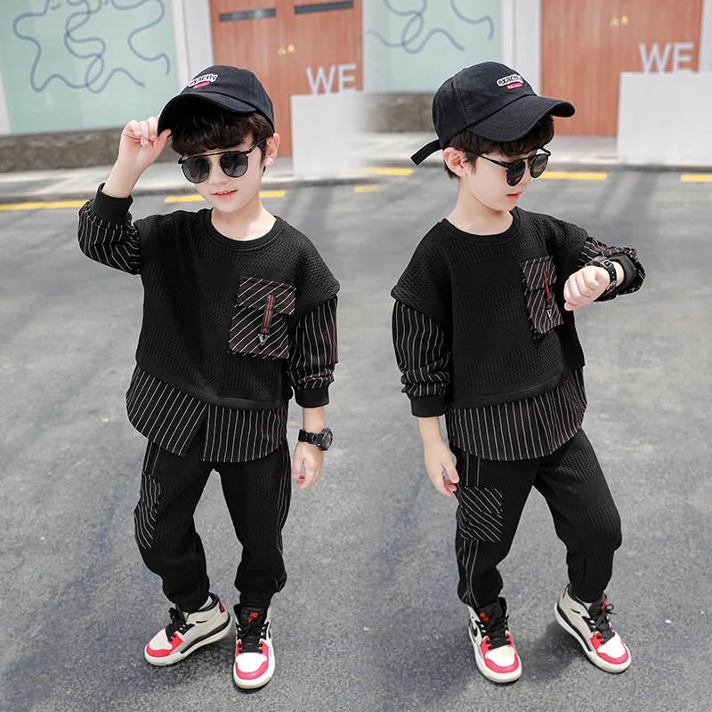 
DRZYF2008B01 Spring Autumn Kids Clothing Sets Fashion Design Casual Black Boy Sweatshirt and Pants Clothes Children 