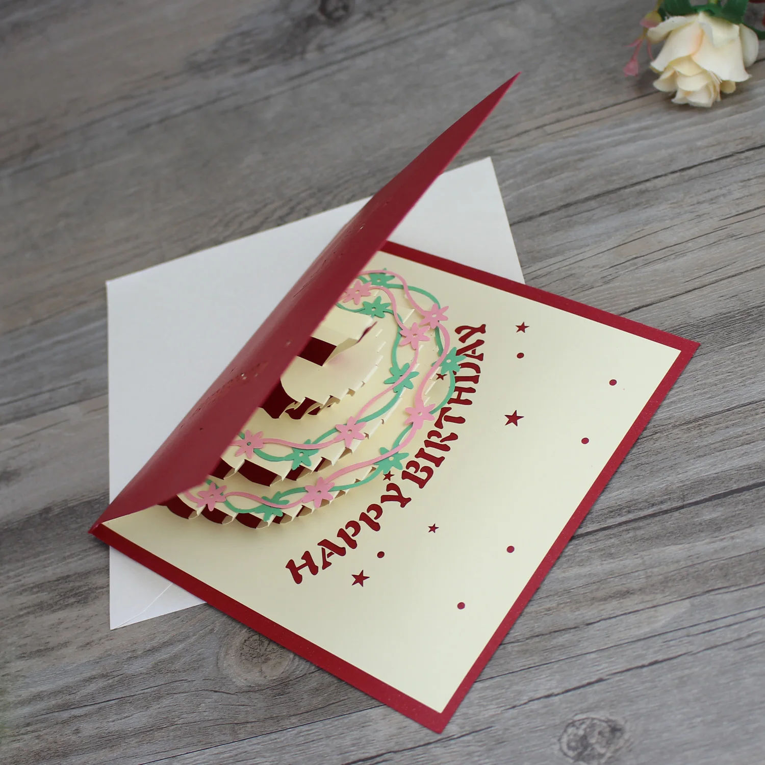 创意手工红色3d激光切割生日蛋糕贺卡请柬