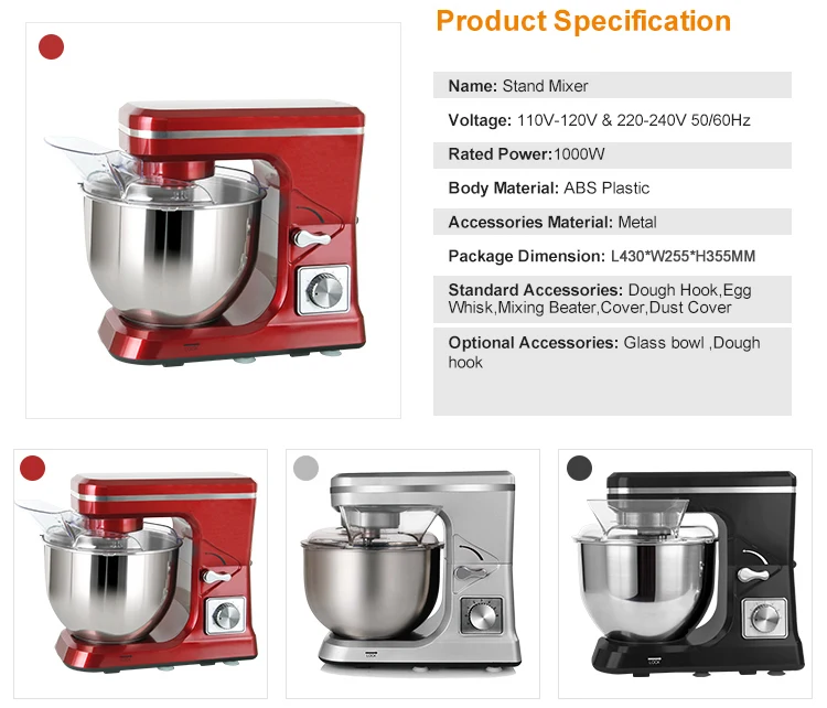 1000W high efficient kneading stand mixer with 5L glass bowl