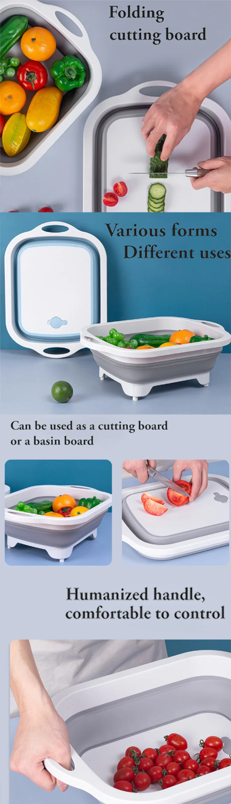 Amazon hot new design silicone  wholesale Foldable  Collapsible Cutting Board with Colander