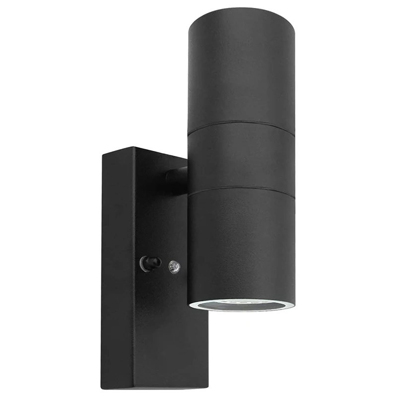 Outdoor IP65 Up Down Dusk Till Dawn Sensor Wall Light In Stainless Steel Black Takes 2 x GU10 Bulb LED Or Halogen