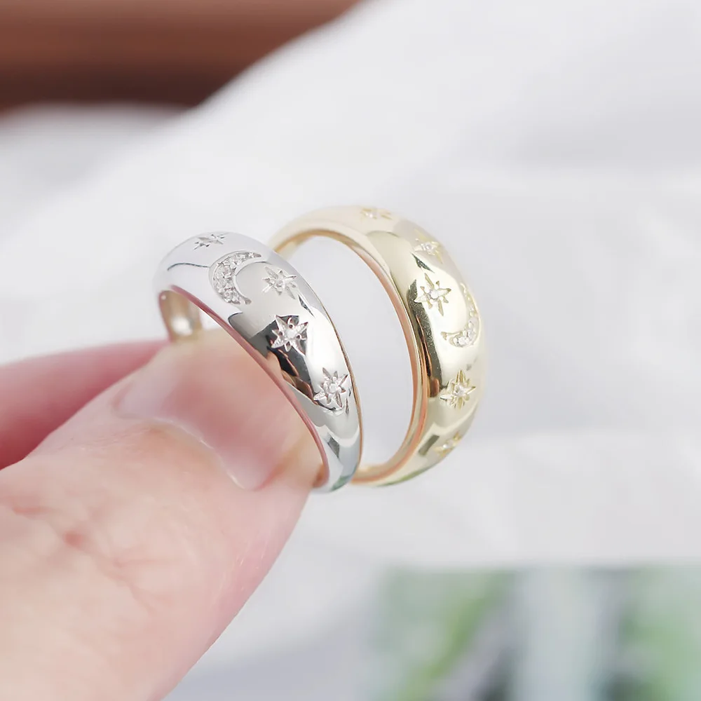 Women's Retro Light Luxury S925 Silver Ins Ring with Geometric Star Moon Diamond Niche Opening Lab Diamond Ring
