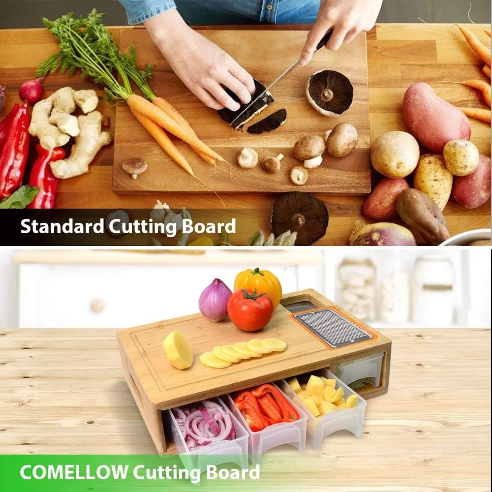Bamboo Cutting Board With Containers,Lids,And Graters,Large Wood