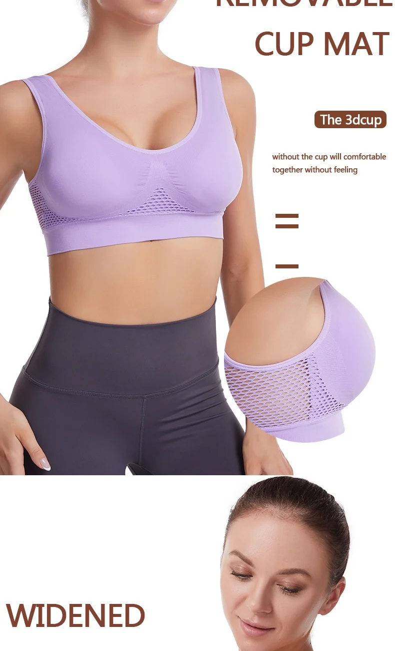 Women's Sports Bra Vest Large Size Yoga Sports Underwear Breathable Hollow Mesh Wire-Free Support Solid Pattern Summer-Thin