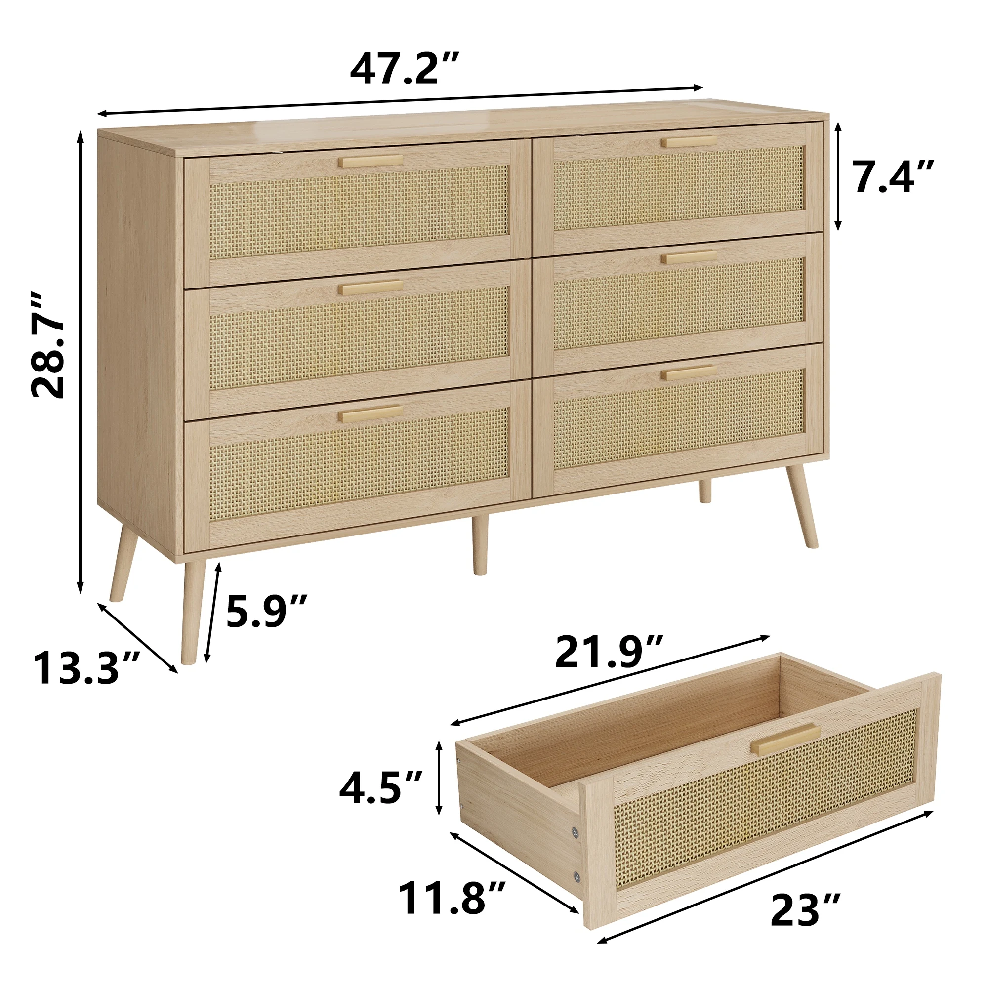 Rattan 6 Drawers Chest of Dressers for Bedroom, Modern 6 Drawer Dresser ...