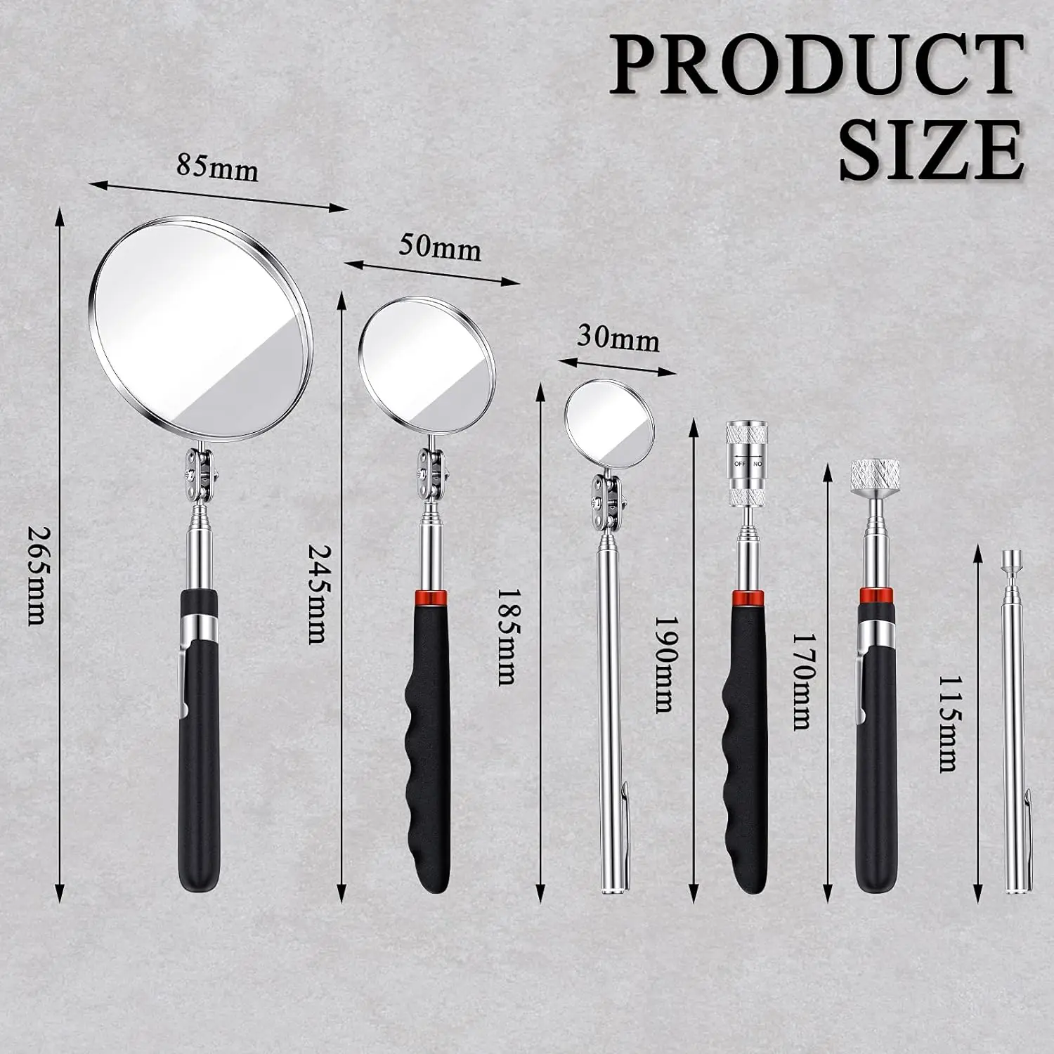 6pc Telescopic Pick Up Tool Set Telescoping Inspection Mirror