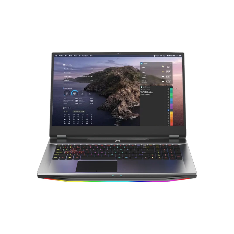Side view of a sleek 17.3-inch laptop with illuminated keyboard and slim bezels