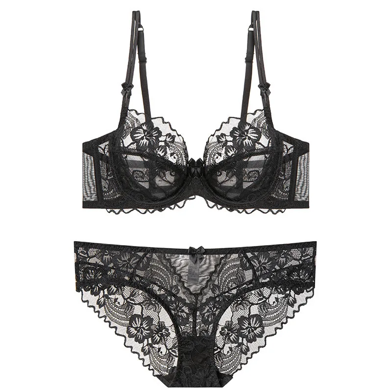 Pure Desire Summer French Bra Set Floral Patterned Breathable Lace Underwear for Big Chest High-Sexy Thin Cup Bikini Plain Dyed